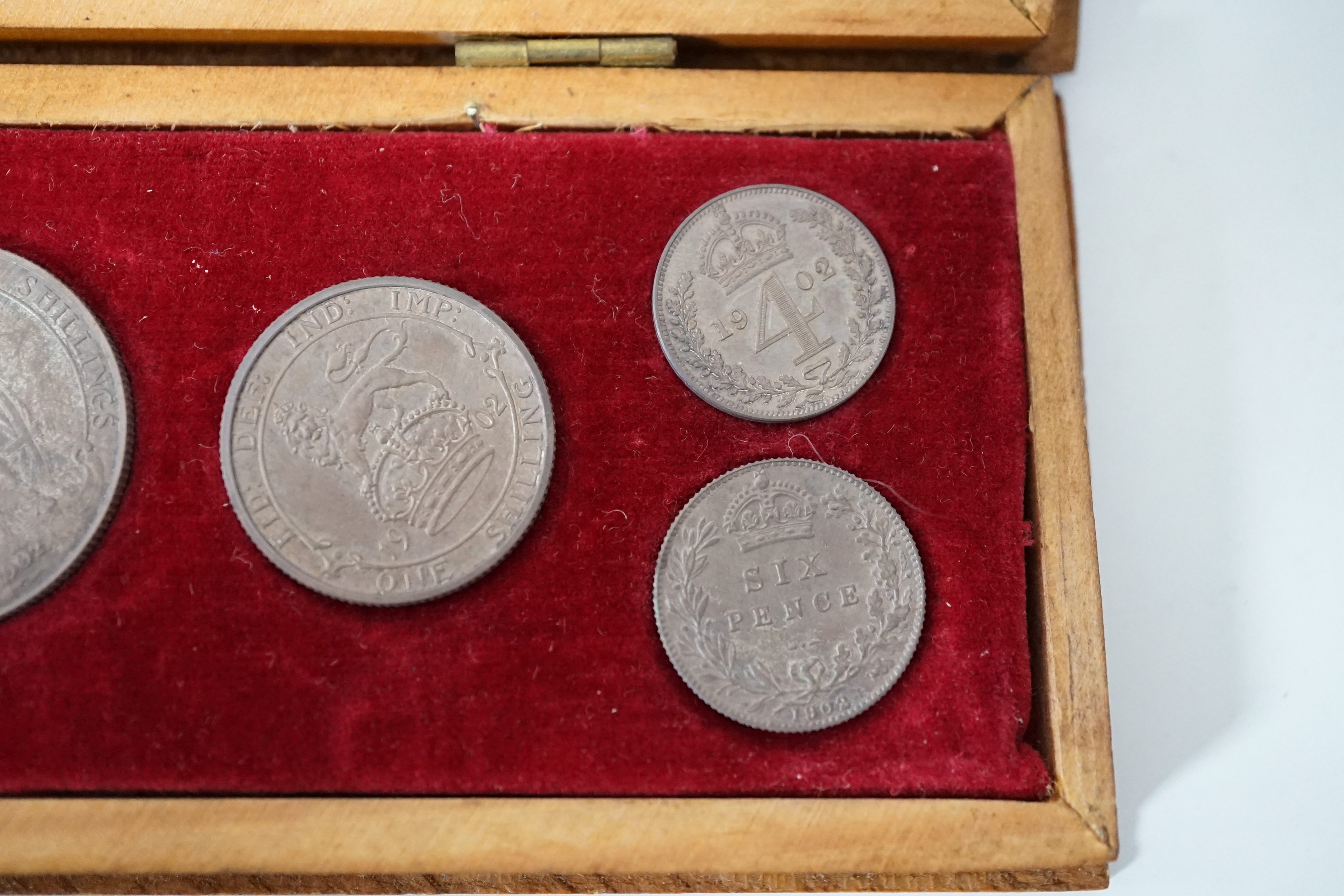 British silver proof coins, 1902 Edward VII matt proof six coin set ranging from crown to sixpence and a maundy fourpence, dark toning, associated case